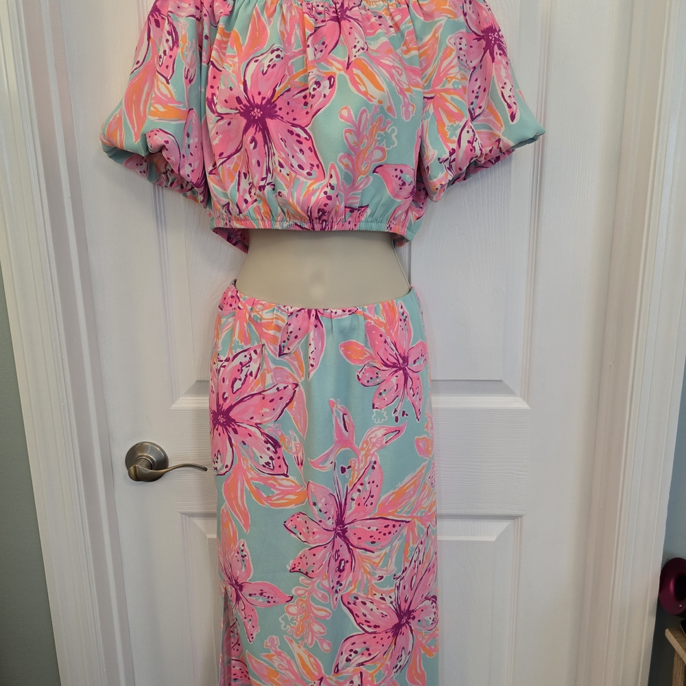 Lilly Pulitzer Aqua Floral Maxi Dress with Pink & Coral Blooms
